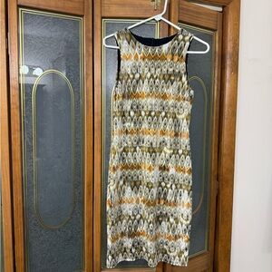 Karen Kane Sleeveless Midi Dress in Olive, Mustard & Geometric Print, Like New